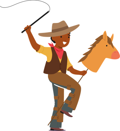 Young Cowboy In  Vibrant Costume Wooden Horse, Gallops With Boundless Joy  イラスト