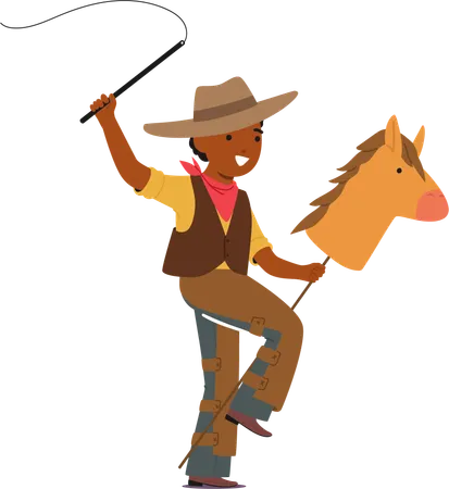 Young Cowboy Character In A Vibrant Costume Atop A Wooden Horse Gallops With Boundless Joy His Imagination Wild And Free Echoing The Spirit Of The Frontier Cartoon People Vector Illustration Illustration
