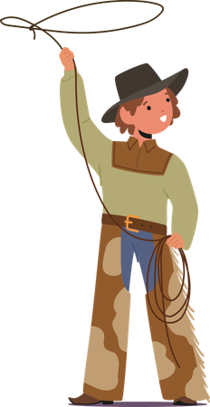 Young Cowboy  Twirls Rope In Vibrant Western Ensemble  Illustration