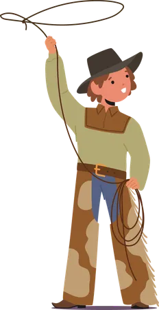 Young Cowboy Character Twirls Rope In A Vibrant Western Ensemble Fringed Leather Pants Boots And A Wide Brimmed Hat Spirited Spins Capture The Essence Of Frontier Fun Cartoon People Illustration Illustration