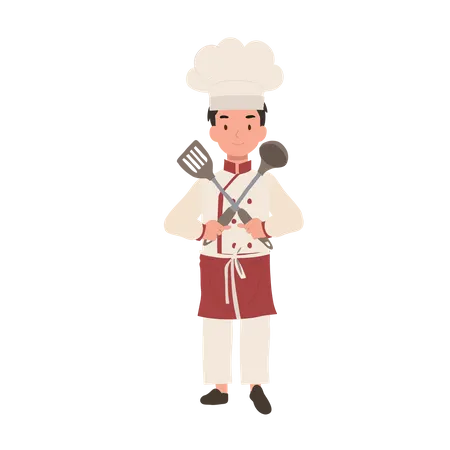 Young Culinary Pro Holding Flipper And Dipper Confident Kid Chef With Crossed Arms Illustration