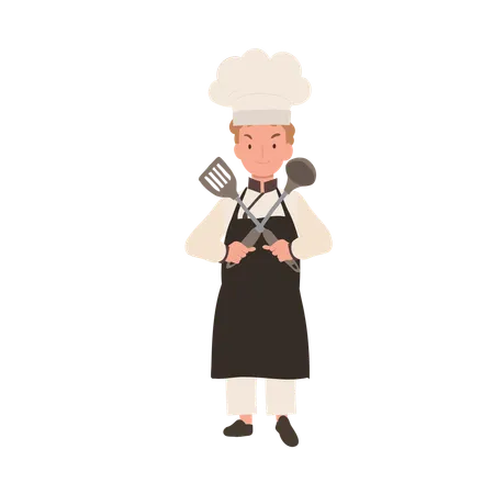 Young Culinary Pro Holding Flipper And Dipper Confident Kid Chef With Crossed Arms Illustration