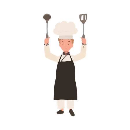 Young Culinary Pro Holding Flipper and Dipper up  Illustration
