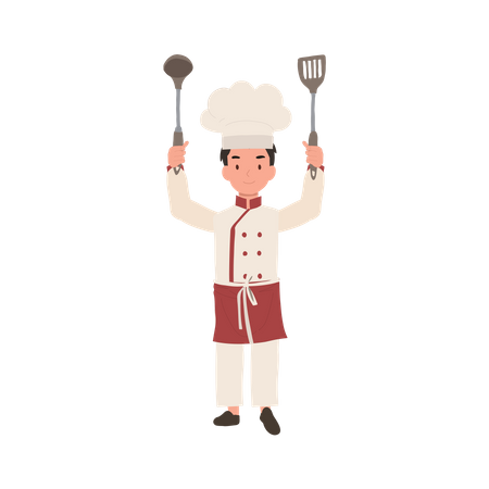 Young culinary pro holding flipper and dipper up  イラスト