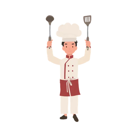 Young culinary pro holding flipper and dipper up  Illustration