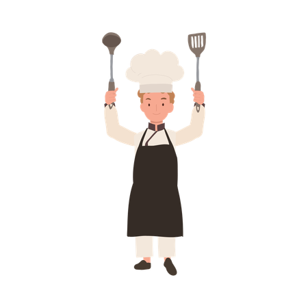 Young Culinary Pro Holding Flipper and Dipper up  Illustration