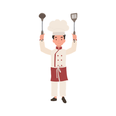 Young culinary pro holding flipper and dipper up  Illustration