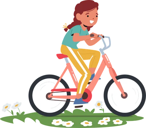 Young Cute Girl Character With A Beaming Smile Pedals Her Colorful Bicycle Down The Sunlit Path Her Pigtails Dancing In Summer Breeze Radiating Pure Childhood Joy Cartoon People Vector Illustration 일러스트레이션