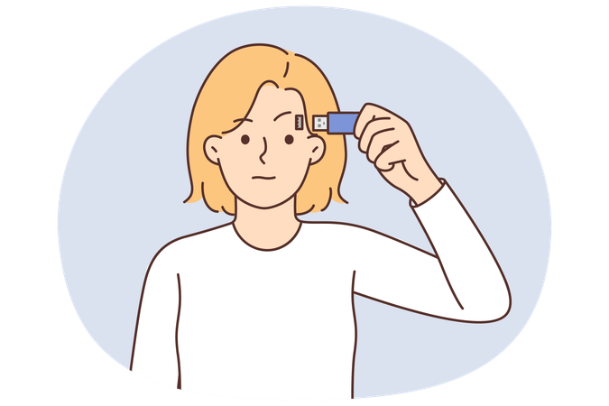 Young cyborg woman with flash drive connected to head symbolizes chipping of people  Illustration