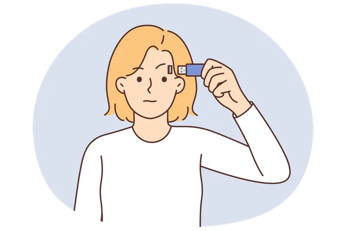 Young cyborg woman with flash drive connected to head symbolizes chipping of people  Illustration