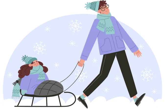 Young Dad Rides A Small Child On A Sled In Winter Illustration