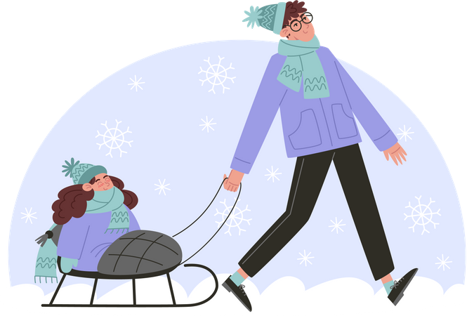 Young dad rides child on sled winter  Illustration