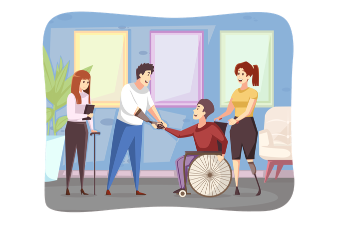 Young disabled handicapped people men women in wheelchair and prostheses standing shaking hands together  Illustration