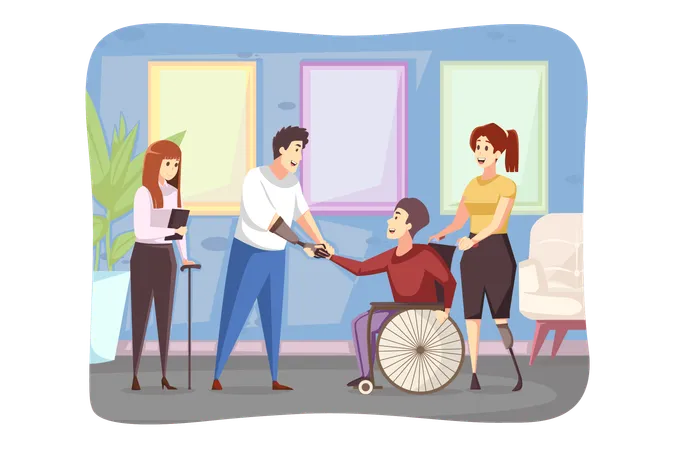 Meeting Disability Healthcare Medicine Cooperation Concept Young Disabled Handicapped People Men Women In Wheelchair And Prostheses Standing Shaking Hands Together Business Project Agreement Illustration
