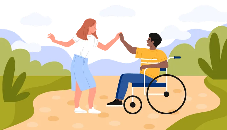 Young Disabled Man In Wheelchair And Happy Girl Dancing Romantic Dance In Summer Landscape Couple Holding Hands With Love And Empathy Funny Movement Of Two People Cartoon Vector Illustration Illustration