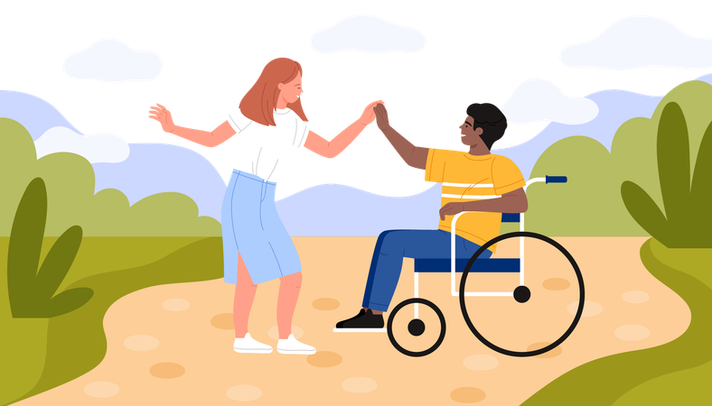 Young disabled man and girl dancing in summer  Illustration