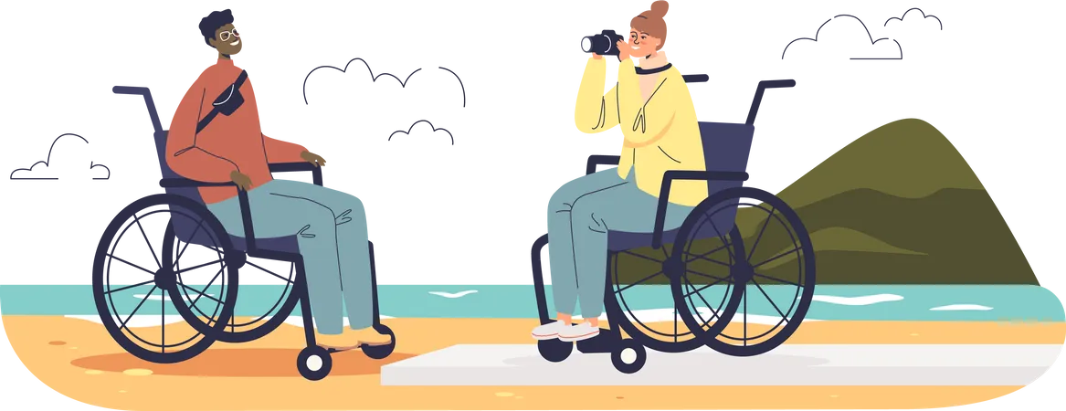 Young disabled people on wheelchairs on vacation  Illustration