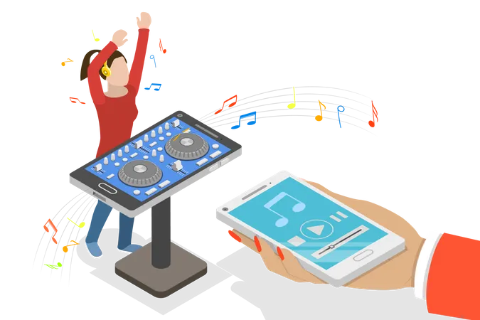 Young dj Girl with Mixer Console  Illustration