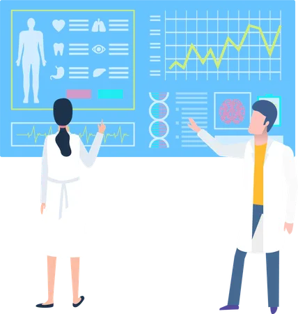 Board With Scan Of Organs Doctor And Nurse Researching Patient Health Heart And Tooth Lungs And Stomach Eye And Liver Icons Ct Or Mri Clinic Vector Illustration