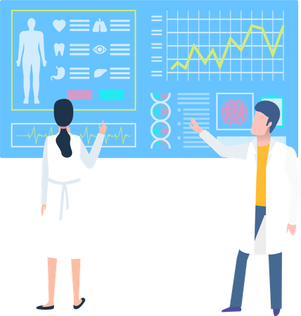 Young doctor and nurse researching patient health  Illustration