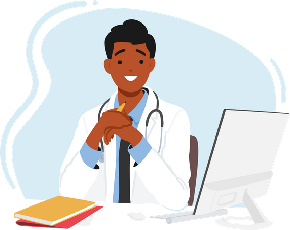 Young doctor sitting at desk Illustration