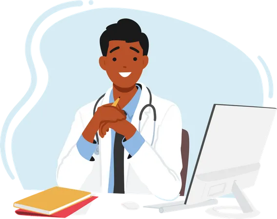 Young doctor sitting at desk Illustration