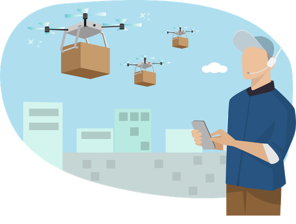 Young employee controls fast food delivery drone To customers according to orders  Illustration