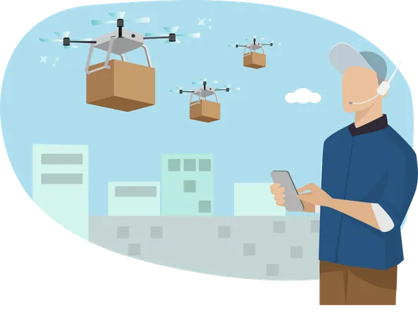 A Young Employee Controls A Fast Food Delivery Drone To Customers According To Their Orders Illustration