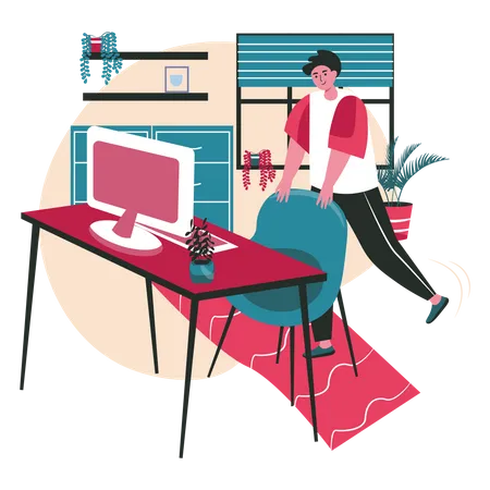 Different People Exercise In The Workplace Scene Concept Man Raises And Stretches Legs Holding Chair Training Break Office Work People Activities Vector Illustration Of Characters In Flat Design Illustration