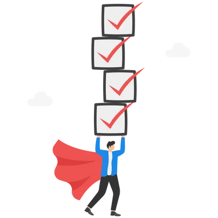 Task Management Project Plan Or Task List To Finish Productivity To Complete Work Within Deadline Efficiency To Organize Project Checklist Businessman Superhero Flying With Completed Task Boards 일러스트레이션