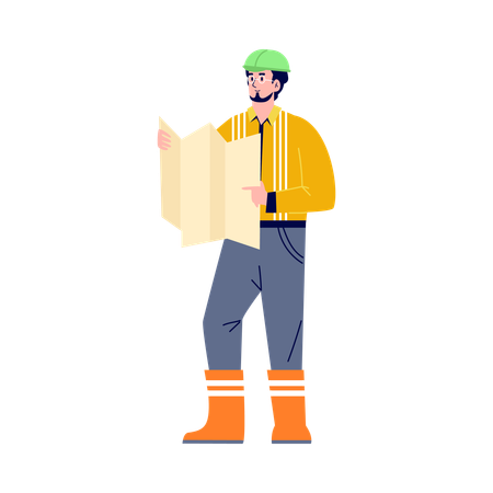 Young engineer in helmet hold blueprint of road construction  Illustration