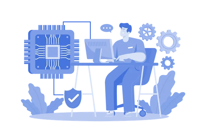 Young Engineer Working On Microchip Manufacturing  Illustration