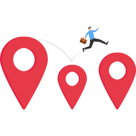Young entrepreneur jumps from map navigation pins to a new relocation metaphor  Illustration