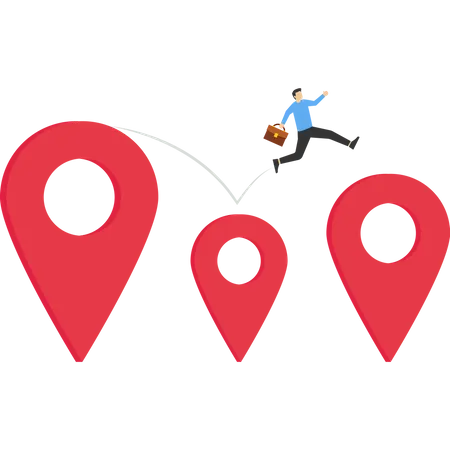 Young entrepreneur jumps from map navigation pins to a new relocation metaphor  Illustration