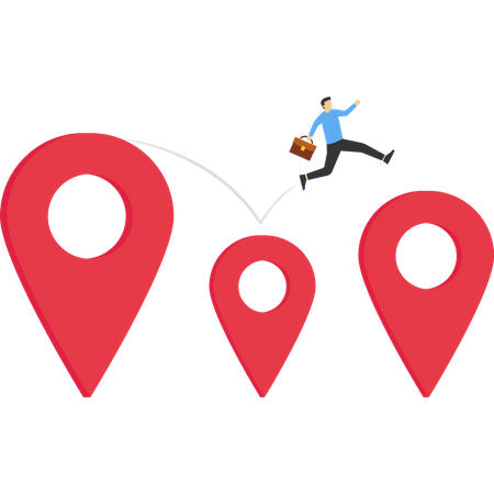 Young entrepreneur jumps from map navigation pins to a new relocation metaphor  Illustration