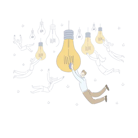 Young Entrepreneurs Holding Big Light Bulbs Creative Startup Idea Generation Metaphor Brainstorm Banner Business Development Strategy Planning Concept Cartoon Sketch Flat Vector Illustration Illustration