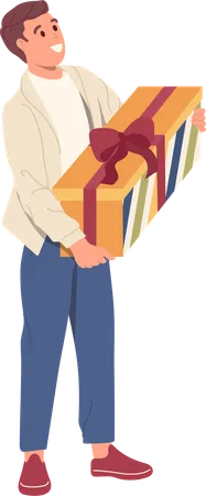 Young Excited Man Cartoon Character Holding Gift Box In Hand For Birthday Party Event Or Valentines Day Celebration Vector Illustration Isolated Happy Male Person Carrying Festive Present For Holiday Illustration