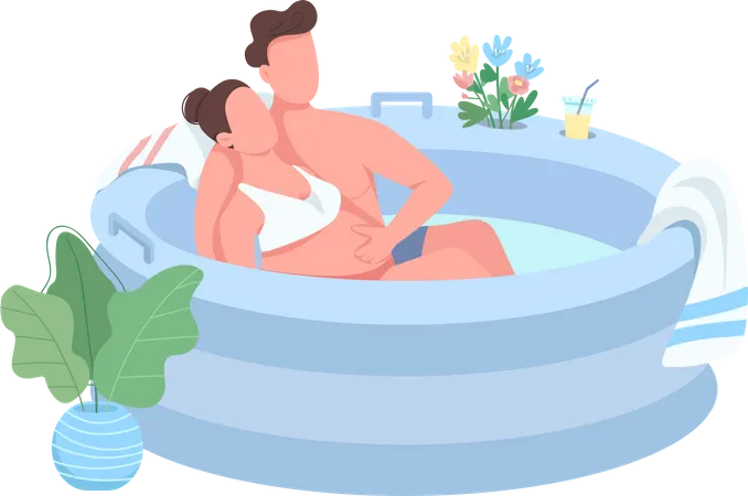 Young Expectant Parents Flat Color Vector Faceless Character Wife And Husband In Tub Pregnant Woman Lamaze Childbirth Method Isolated Cartoon Illustration For Web Graphic Design And Animation Illustration