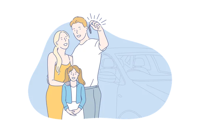 Car Buy Family Concept Young Family Bought Brand New Car Happy Man Woman And Their Child Show Key From Their Vehicle Boy Girl And Child Use Carsharing And Go On Vacation Simple Flat Vector Illustration