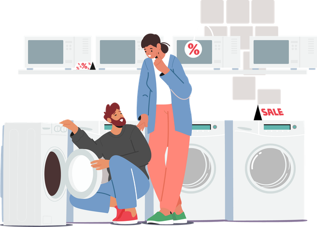 Young family couple customers s choosing washing machine at electronics store  Illustration