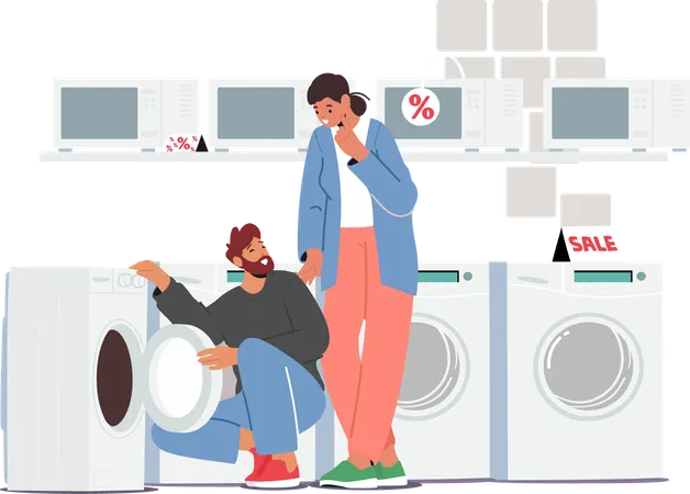 Young family couple customers s choosing washing machine at electronics store  Illustration