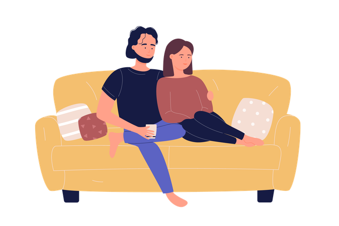 Young family couple sitting on sofa and watching TV movie in living room  Illustration