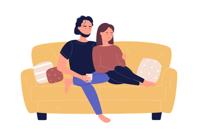 Young family couple sitting on sofa and watching TV movie in living room  イラスト