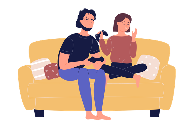 Young family couple sitting on sofa playing on TV gaming console video games in living room  Illustration