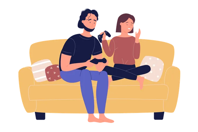 Young Family Couple Sitting On Sofa Playing On TV Gaming Console Video Games In Living Room Isolated Cartoon Flat Vector Illustration イラスト