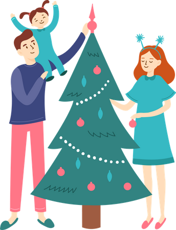 Young family decorate Christmas tree  Illustration