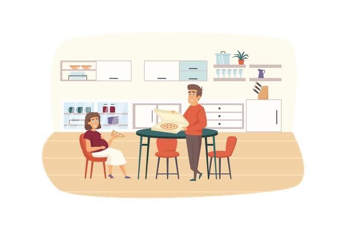 Young family eating at kitchen together  Illustration