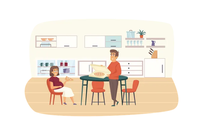 Young family eating at kitchen together Illustration
