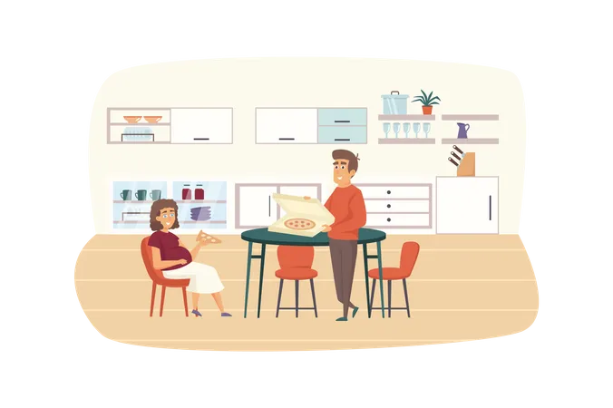 Young family eating at kitchen together  Illustration