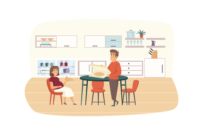 Young family eating at kitchen together  イラスト